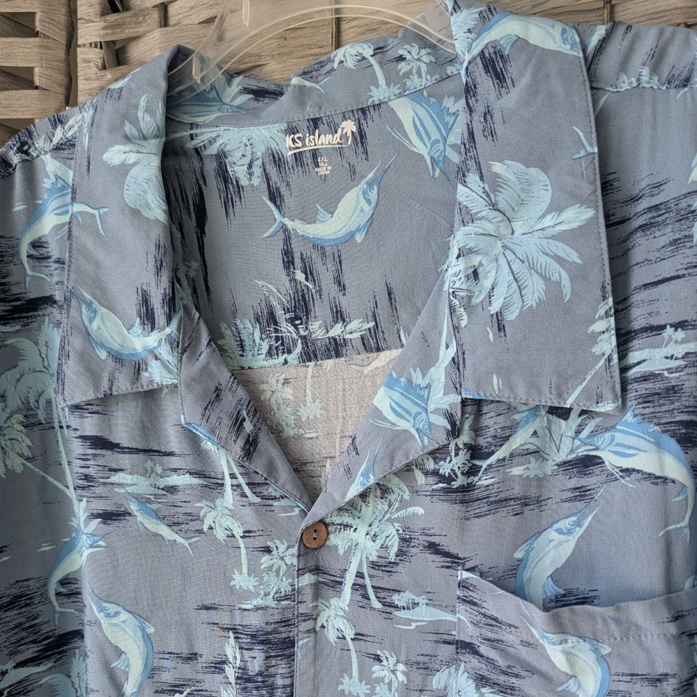 KS Island Button Up Shirt Blue Marlin Palm Tree Tropical Mens 4XL Tall Resort